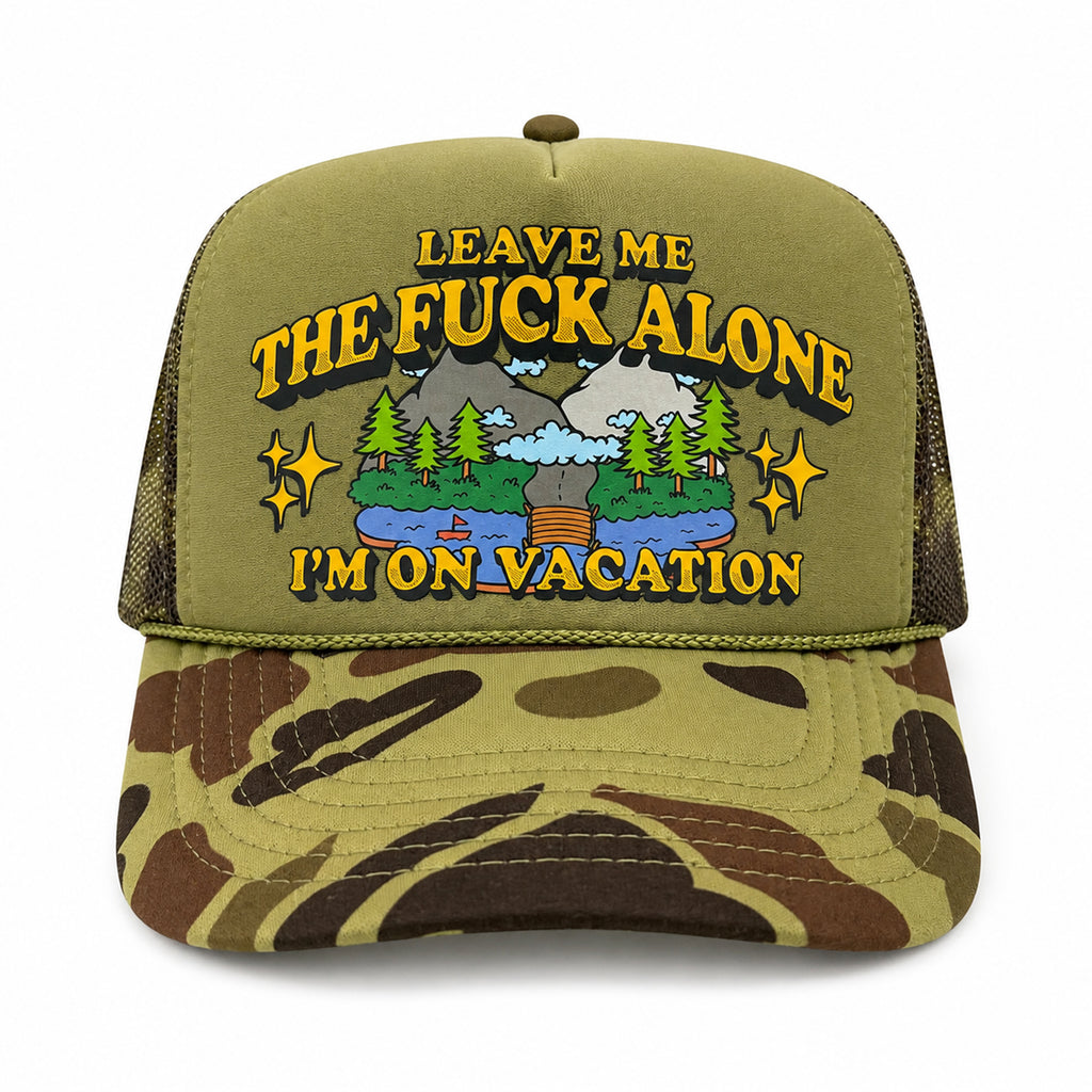 Leave Me The Fuck Alone Vacation Trucker Hat - Desert Khaki