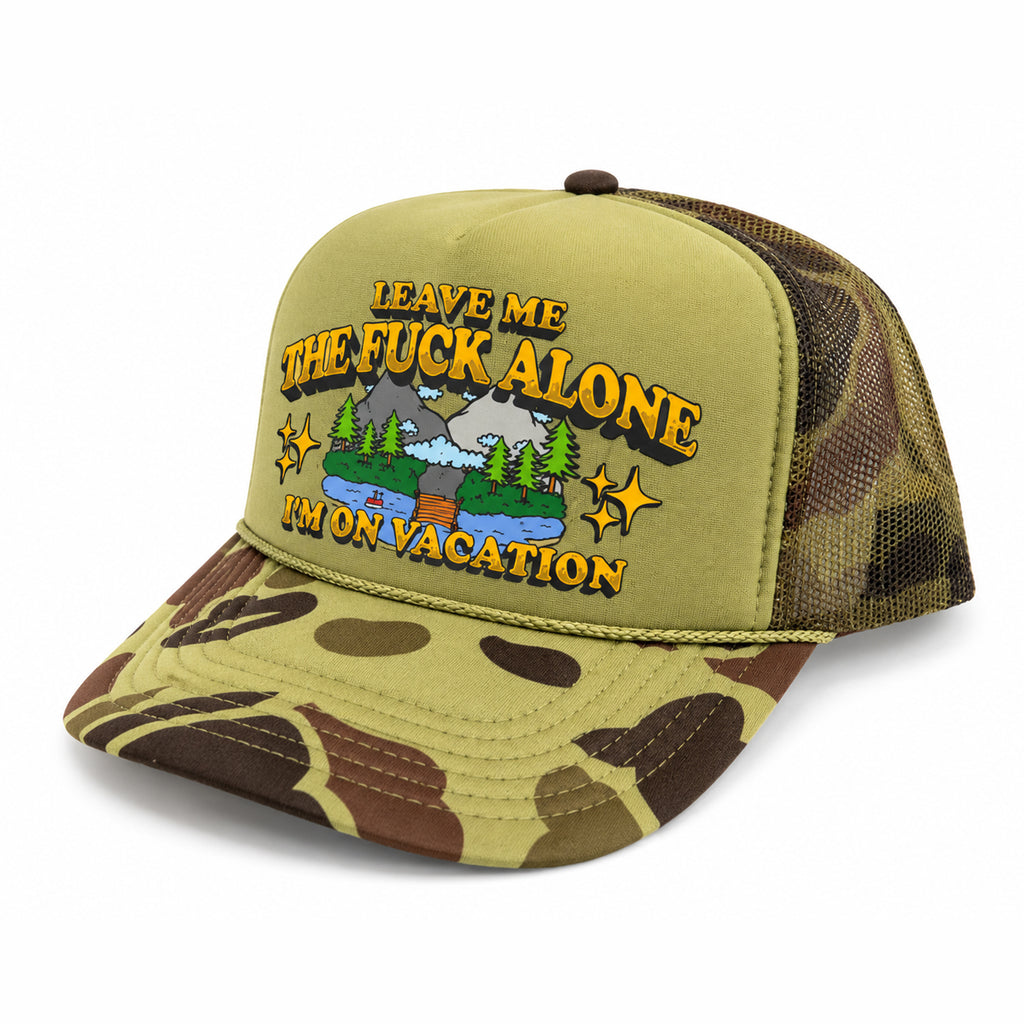 Leave Me The Fuck Alone Vacation Trucker Hat - Desert Khaki