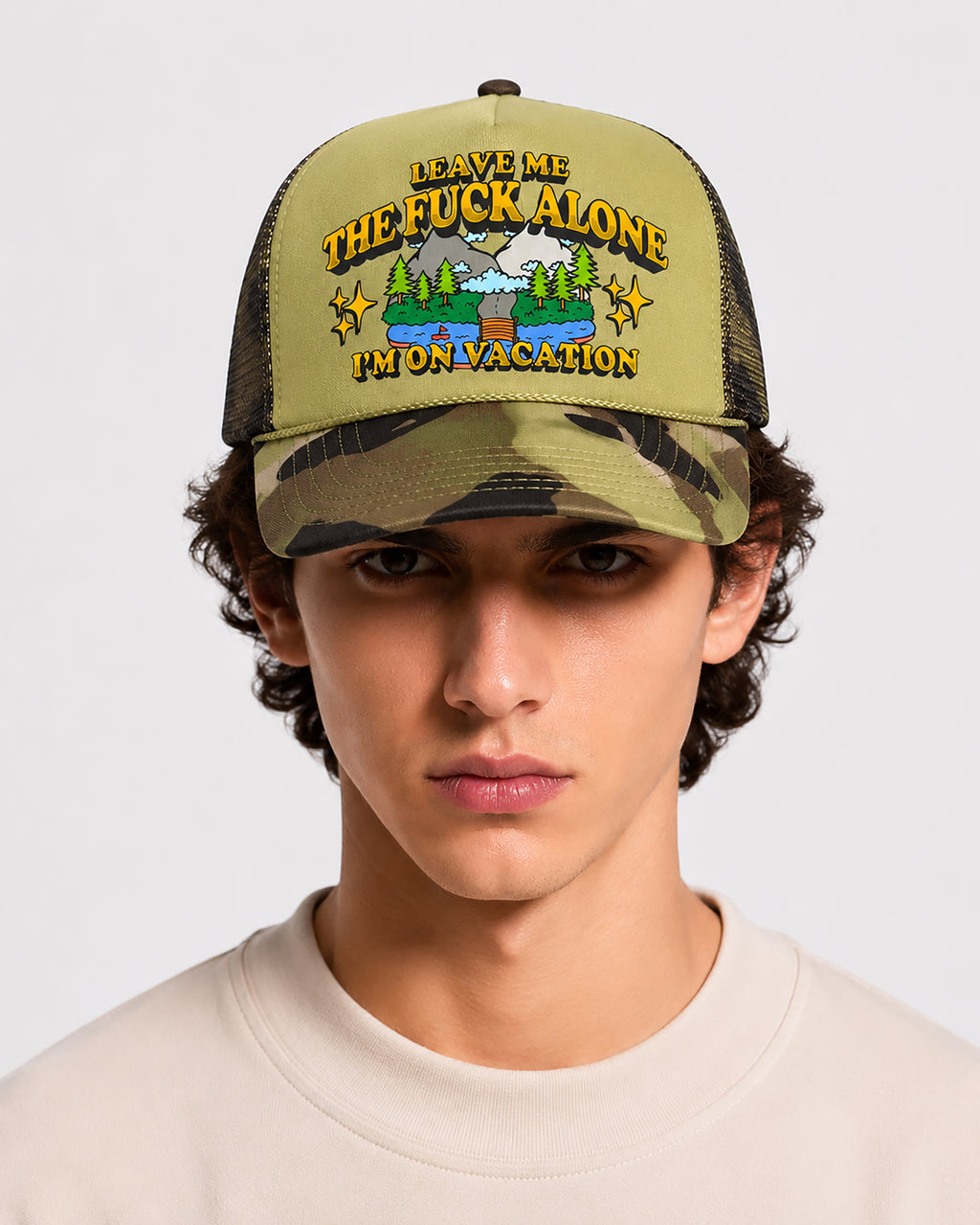 Leave Me The Fuck Alone Vacation Trucker Hat - Desert Khaki
