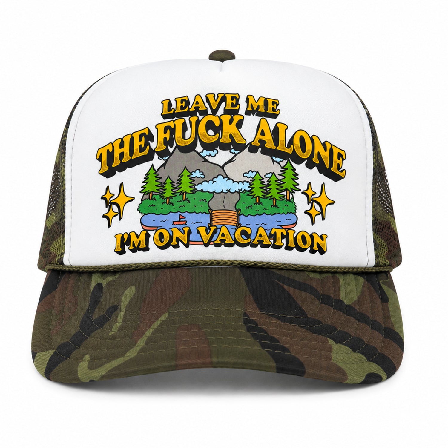 Leave Me The Fuck Alone Vacation Trucker Hat - Woodland Camo