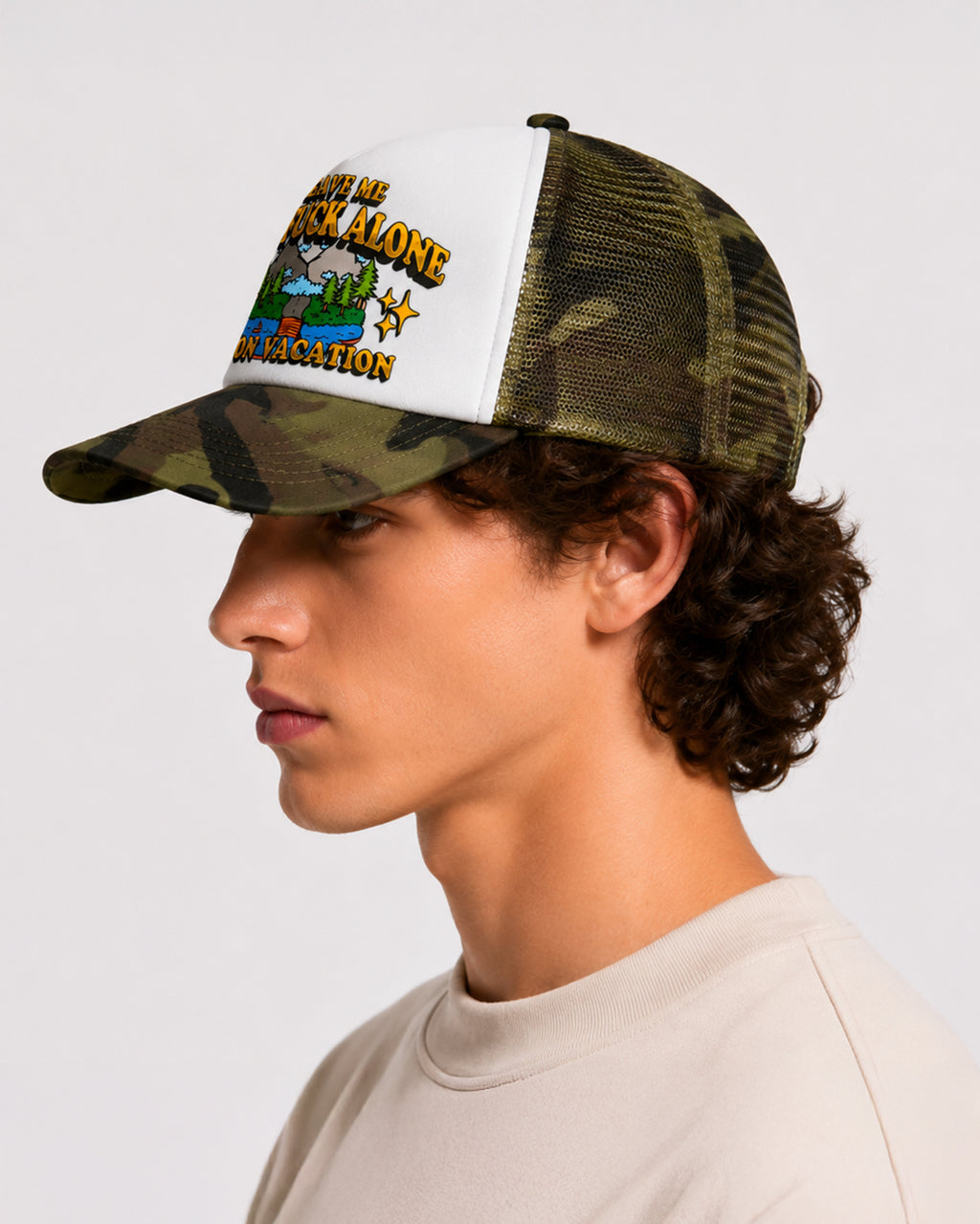Leave Me The Fuck Alone Vacation Trucker Hat - Woodland Camo