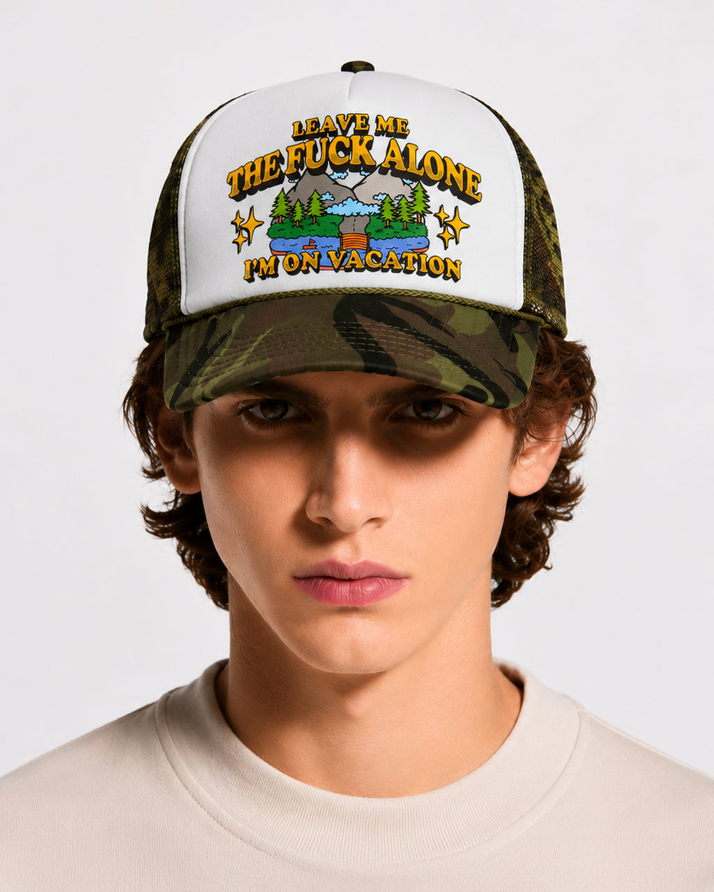 Leave Me The Fuck Alone Vacation Trucker Hat - Woodland Camo